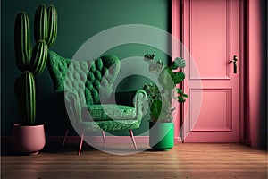 Room with green wall and wooden floor with pink modern armchair. Bright room interior mockup. Empty room for mockup. 3d rendering.