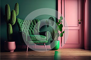 Room with green wall and wooden floor with pink modern armchair. Bright room interior mockup. Empty room for mockup. 3d rendering