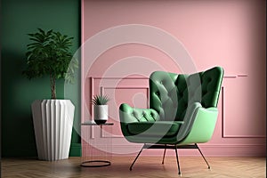 Room with green wall and wooden floor with pink modern armchair. Bright room interior mockup. Empty room for mockup. 3d rendering