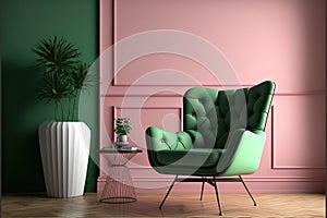 Room with green wall and wooden floor with pink modern armchair. Bright room interior mockup. Empty room for mockup. 3d rendering