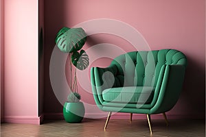 Room with green wall and wooden floor with pink modern armchair. Bright room interior mockup. Empty room for mockup. 3d rendering