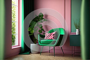 Room with green wall and wooden floor with pink modern armchair. Bright room interior mockup. Empty room for mockup. 3d rendering