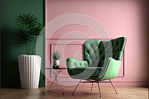 Room with green wall and wooden floor with pink modern armchair. Bright room interior mockup. Empty room for mockup. 3d rendering