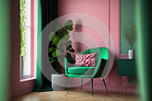 Room with green wall and wooden floor with pink modern armchair. Bright room interior mockup. Empty room for mockup. 3d rendering