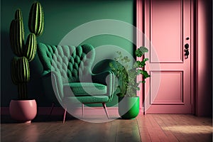 Room with green wall and wooden floor with pink modern armchair. Bright room interior mockup. Empty room for mockup. 3d rendering