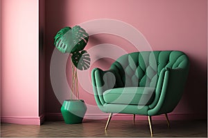 Room with green wall and wooden floor with pink modern armchair. Bright room interior mockup. Empty room for mockup. 3d rendering