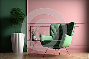 Room with green wall and wooden floor with pink modern armchair. Bright room interior mockup. Empty room for mockup. 3d rendering