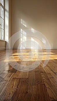 A room with a hardwood floor and sunlight coming in through the windows, AI