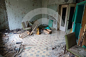 Room in hospital, abandoned ghost town of Pripyat in exclusion zone of Chernobyl NPP, Ukraine