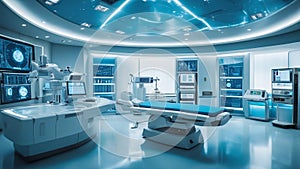 room in the hospital a medical technology surgery panorama, futuristic, blue and white,