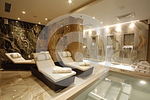A room with a hot tub and lounge chairs in the middle, AI