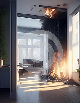 a room of a house with fire damage illustration