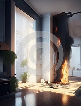 a room of a house with fire damage illustration