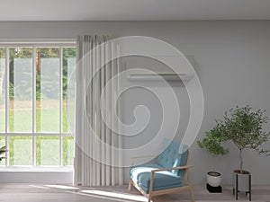 Room interior, air conditioner 3d render, 3d illustration minimal concept decor carpet