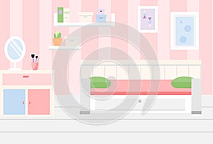 Room interior. Apartment in pink colors and white furniture. Girl bedroom design with sofa, shelves, mirror. Vector illustration.