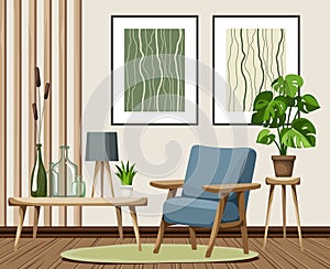 Room interior with an armchair, wooden slats, and abstract paintings. Modern interior design. Cartoon vector illustration