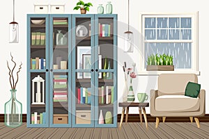 Room interior with bookcases, an armchair, and rain outside the window. Cartoon vector illustration photo