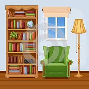 Knihovna a křeslo. vektor ilustrace 
