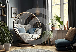 Room interior with comfortable cocoon armchair. Ai generative