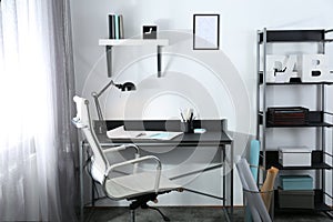 Room interior with comfortable workplace near window. Design idea