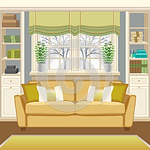 Room interior with couch below the window and bookcases photo