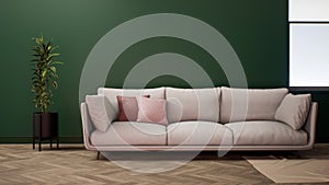 Room Interior design with Green Wall and Wooden floor. room mockup stylish, Retro living room interior.
