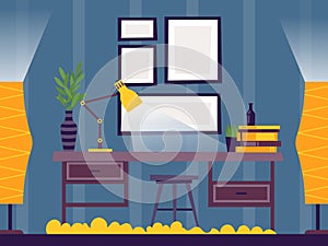 Room interior with desk and lamp, vector illustration. Cozy workplace, furniture for home and office. Evening light in