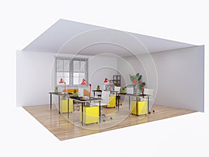 Room interior, desktop with computer 3d render, 3d illustration concept contemporary