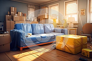 Room interior displaying boxes and furniture in protective coverings, geared for relocation