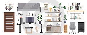 Room interior elements constructor mega set in flat graphic design. Creator kit with sofa, door, office desk with computer and