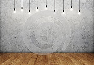 Room interior with empty concrete wall, retro light bulbs and wooden floor