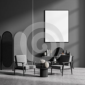 Room interior with empty mockup poster, devider and armchairs, dark grey