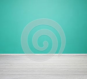 Room interior with green concrete wall and white wood floor