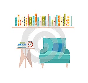 Room interior isolated on white background. Living room with sofa and bookshelf with books