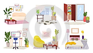 Room interior isolated on white set, vector illustration. Cartoon home furniture, chair, table and lamp, indoor