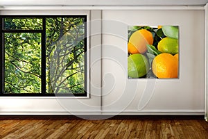 room interior with a large image of citrus fruits on the wall with a window, Ai,generated