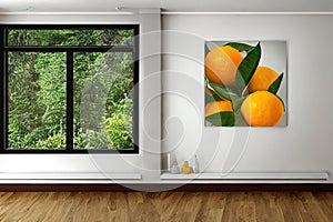 room interior with a large image of citrus fruits on the wall with a window, Ai,generated