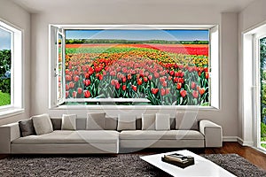 room interior with a large image of red tulips on the wall with a window, Ai,generated