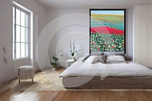 room interior with a large image of red tulips on the wall with a window, Ai,generated