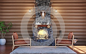 Room interior in log cabin building with stone fireplace and retro leather armchairs