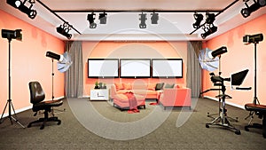 room interior News studio white room design Backdrop for TV shows.3D rendering