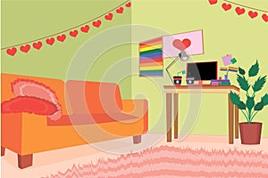 Room interior with sofa and LGBT accessories. Home interior in lgbt style. LGBT pride concept.