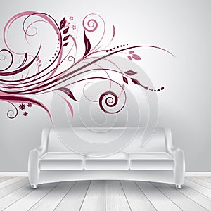 Room interior with sofa showing wall decal