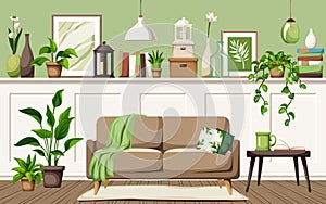 Room interior with a sofa, a table, pictures, and houseplants. Cozy living room interior design. Cartoon vector illustration