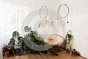 Room interior with tropical houseplants monstera, dreamcatchers and papasan chair