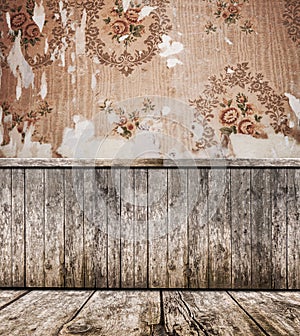 Room interior - vintage wallpaper, wooden floor