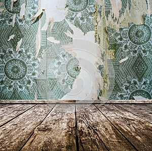 Room interior - vintage wallpaper, wooden floor