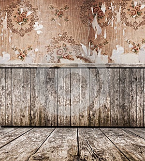 Room interior - vintage wallpaper, wooden floor