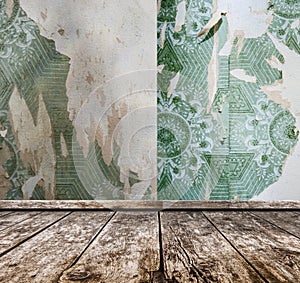 Room interior - vintage wallpaper, wooden floor