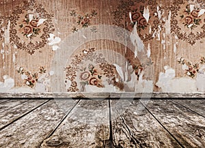 Room interior - vintage wallpaper, wooden floor